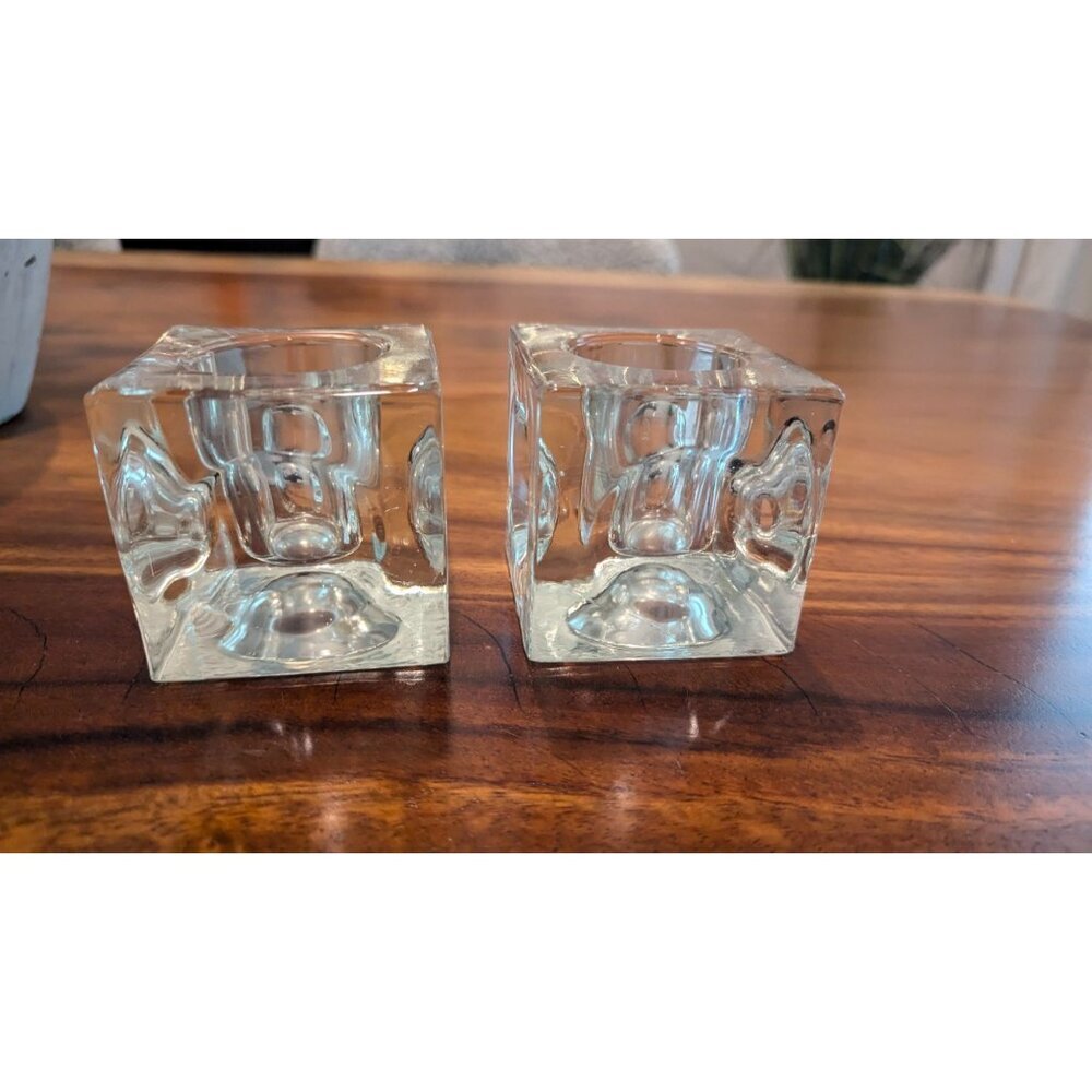 1960s MCM Crystal Glass Modern Ice Cube Candle Holder Pair